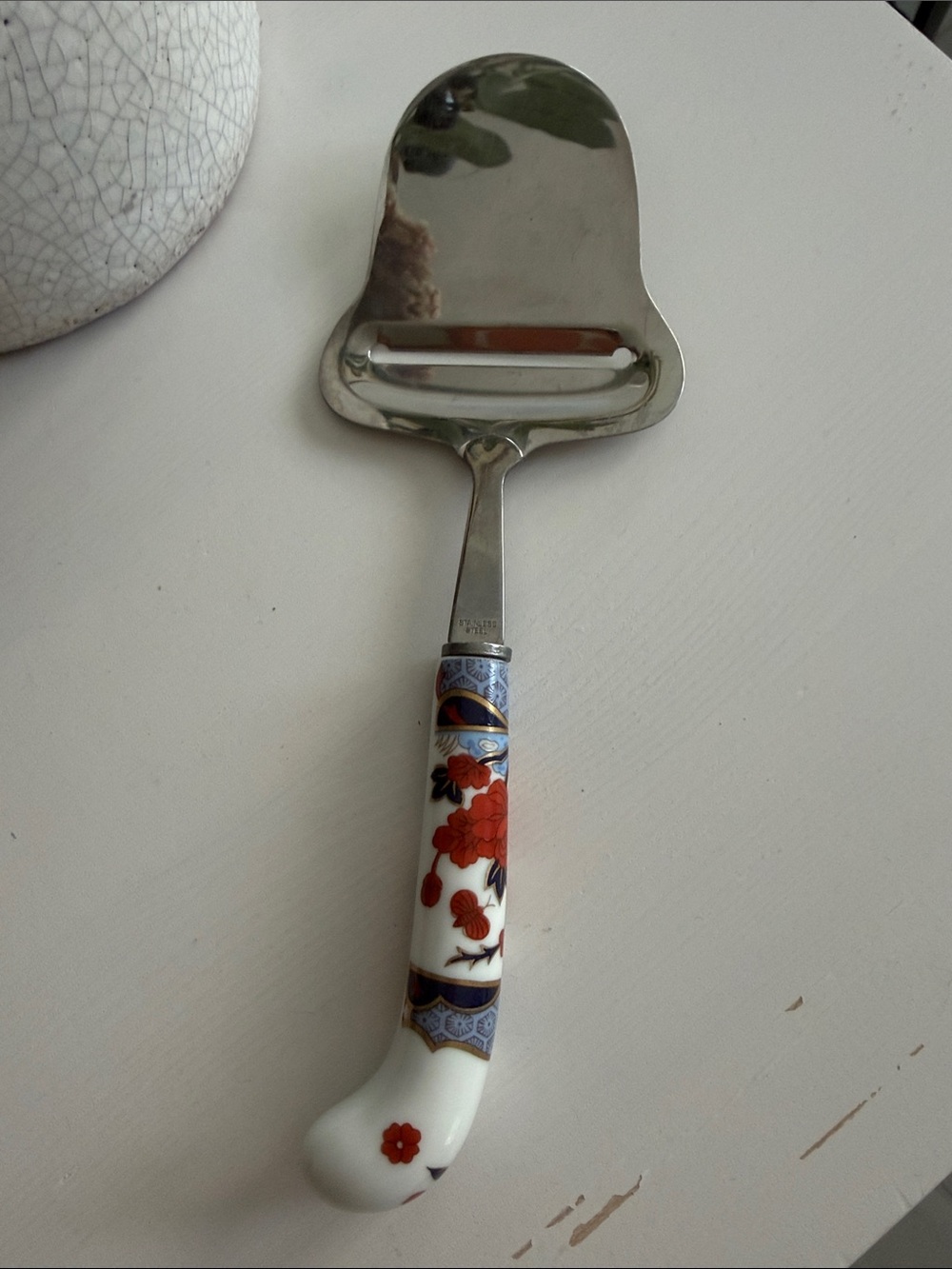 Vintage House of Prill Cheese Slicer with Porcelain  Oriental Pattern Stainless